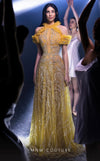 MNM Couture K3964 mustard mesh flared gown with ruffle cap sleeves and sweep train | Couture Shop LA