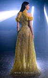 MNM Couture K3964 mustard mesh flared gown with ruffle cap sleeves and sweep train | Couture Shop LA