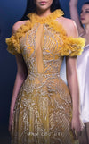 MNM Couture K3964 mustard mesh flared gown with ruffle cap sleeves and sweep train | Couture Shop LA