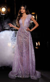 Sequin column evening gown with plunging neckline and fitted silhouette enhanced by elegant overskirt. | Couture Shop LA