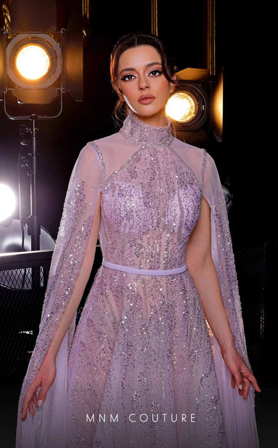 MNM Couture K3975 silver and purple A-line gown with embroidered cape sleeves and high neckline | Couture Shop LA