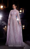 MNM Couture K3975 silver and purple A-line gown with embroidered cape sleeves and high neckline | Couture Shop LA