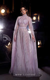MNM Couture K3975 silver and purple A-line gown with embroidered cape sleeves and high neckline | Couture Shop LA