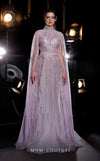 MNM Couture K3975 silver and purple A-line gown with embroidered cape sleeves and high neckline | Couture Shop LA