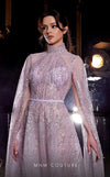 MNM Couture K3975 silver and purple A-line gown with embroidered cape sleeves and high neckline | Couture Shop LA