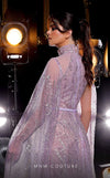 MNM Couture K3975 silver and purple A-line gown with embroidered cape sleeves and high neckline | Couture Shop LA