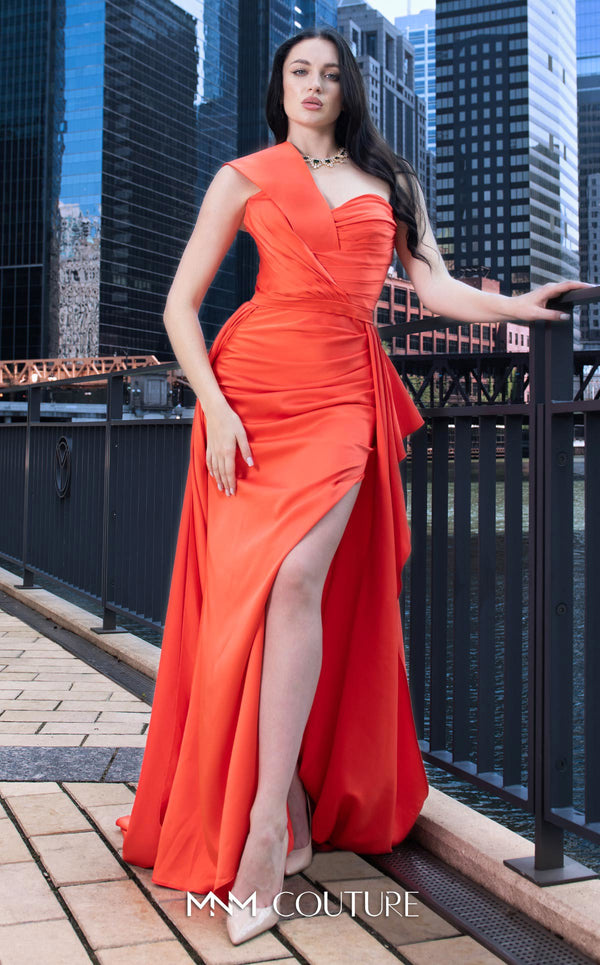 MNM Couture K3979 Satin one-shoulder evening dress with draped train, fitted bodice, and bold slit for a captivating appearance. | Couture Shop LA