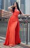 MNM Couture K3979 Satin one-shoulder evening dress with draped train, fitted bodice, and bold slit for a captivating appearance. | Couture Shop LA