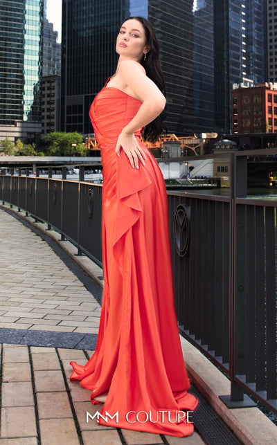 MNM Couture K3979 Satin one-shoulder evening dress with draped train, fitted bodice, and bold slit for a captivating appearance. | Couture Shop LA