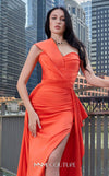 MNM Couture K3979 Satin one-shoulder evening dress with draped train, fitted bodice, and bold slit for a captivating appearance. | Couture Shop LA