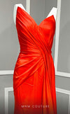 MNM Couture K3982 Strapless satin evening gown with high slit, draped fit, and chic strapless silhouette for red carpet-worthy sophistication. | Couture Shop LA