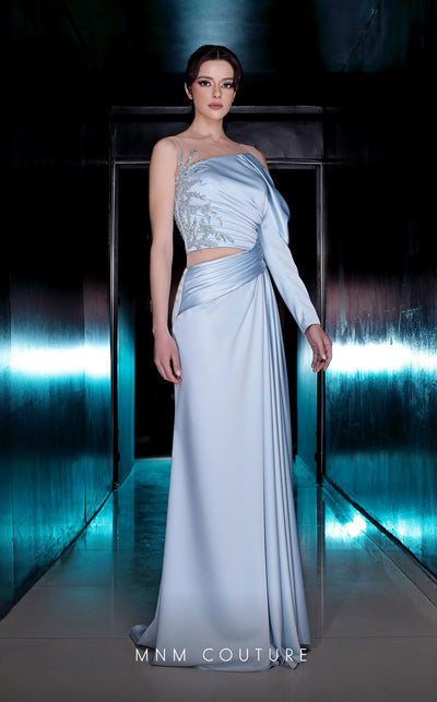 MNM Couture K3987 Beaded satin A-line evening gown with ruched side skirt, one-shoulder neckline, and upscale couture style. | Couture Shop LA