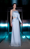 MNM Couture K3987 Beaded satin A-line evening gown with ruched side skirt, one-shoulder neckline, and upscale couture style. | Couture Shop LA