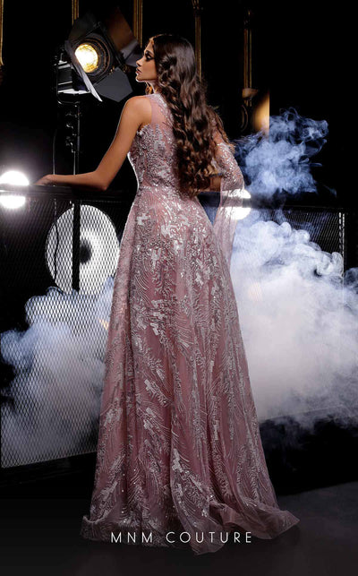 MNM Couture K3990 High-neck sequined gown with dramatic cape and detailed embroidery for couture-worthy elegance. | Couture Shop LA
