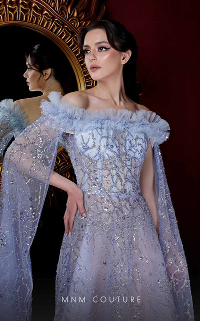 MNM Couture K3993 Strapless beaded ball gown with cascading ruffles and corseted back designed for a statement couture event. | Couture Shop LA