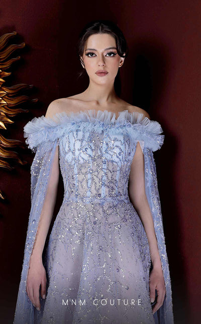 MNM Couture K3993 Strapless beaded ball gown with cascading ruffles and corseted back designed for a statement couture event. | Couture Shop LA