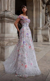 Strapless A-line embroidered evening gown with floral accents and a flowing silhouette for formal grace.