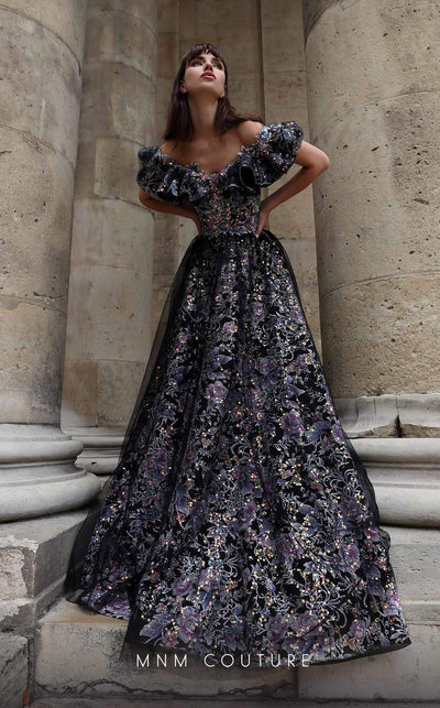 MNM Couture K4018 Strapless embroidered A-line gown with off-shoulder details, ruffles, and flowing skirt. | Couture Shop LA