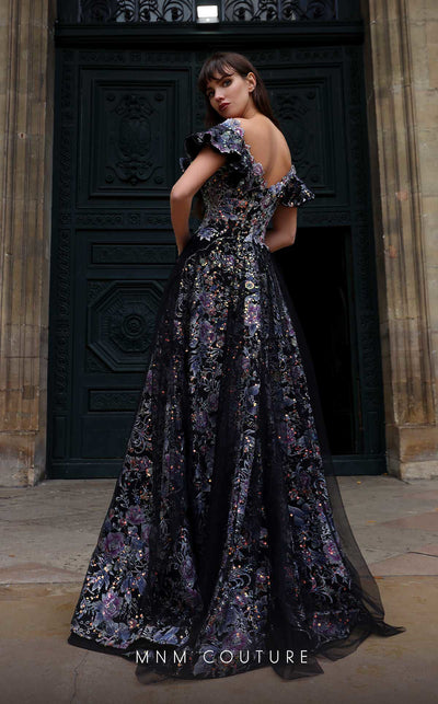 MNM Couture K4018 Strapless embroidered A-line gown with off-shoulder details, ruffles, and flowing skirt. | Couture Shop LA