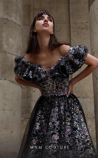 MNM Couture K4018 Strapless embroidered A-line gown with off-shoulder details, ruffles, and flowing skirt. | Couture Shop LA
