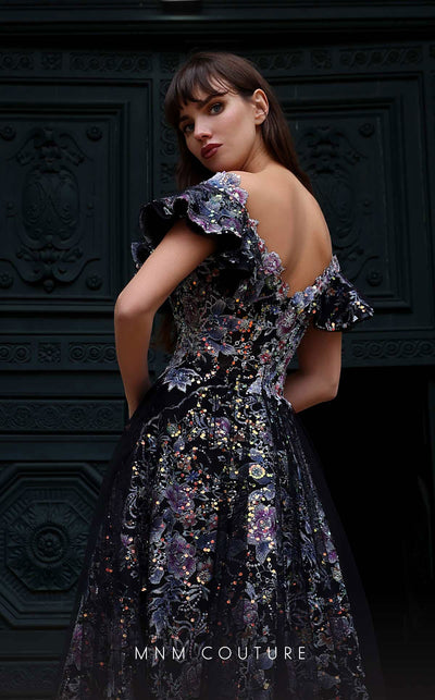 MNM Couture K4018 Strapless embroidered A-line gown with off-shoulder details, ruffles, and flowing skirt. | Couture Shop LA