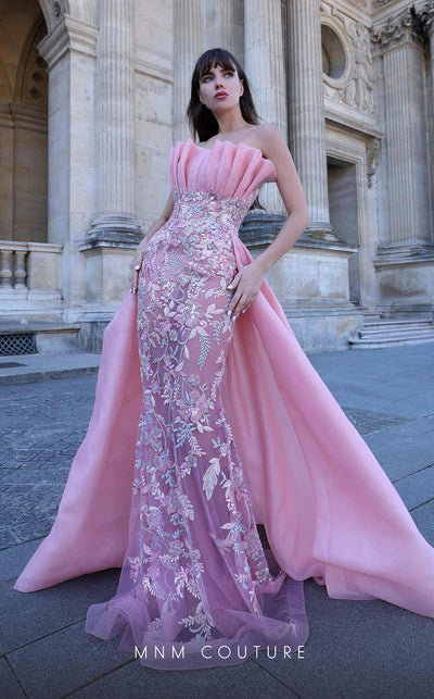 MNM Couture K4023 Strapless organza slim-fit gown with embroidery and overskirt for couture elegance. | Couture Shop LA