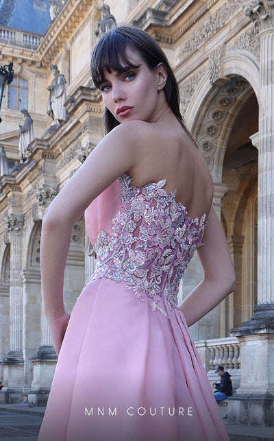 MNM Couture K4023 Strapless organza slim-fit gown with embroidery and overskirt for couture elegance. | Couture Shop LA