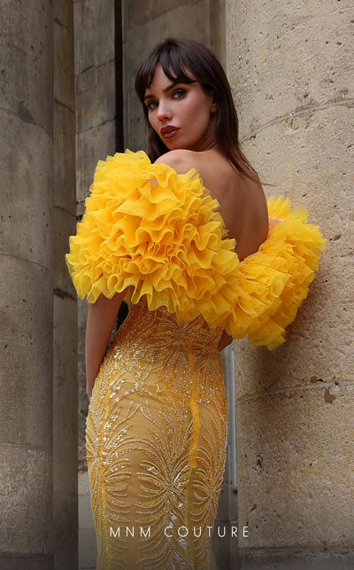 MNM Couture K4031 Strapless sequin gown with voluminous ruffle details and fitted silhouette for evening elegance. | Couture Shop LA