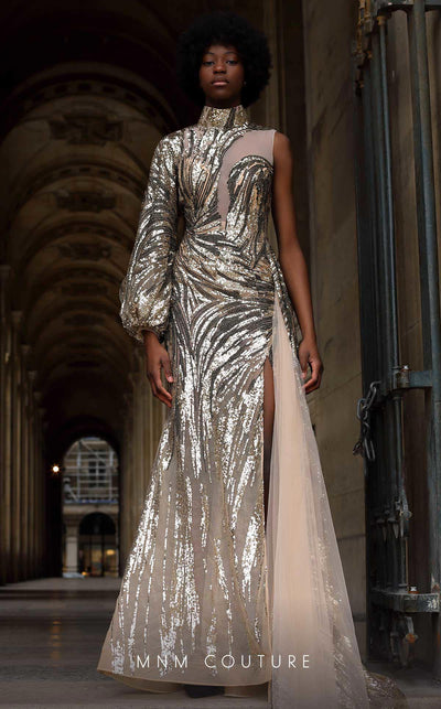 MNM Couture K4066 embellished mermaid gown with bishop sleeve, sheer bodice, and flowing train. | Couture Shop LA