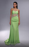 MNM Couture K4081 satin A-line dress with sequins and a cape.