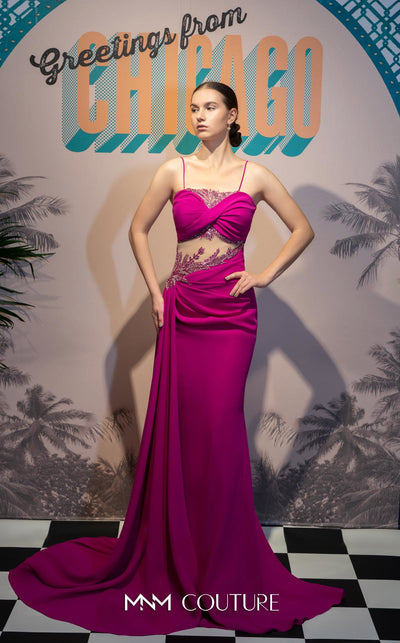 MNM Couture K4081 satin A-line dress with sequins and a cape. | Couture Shop LA