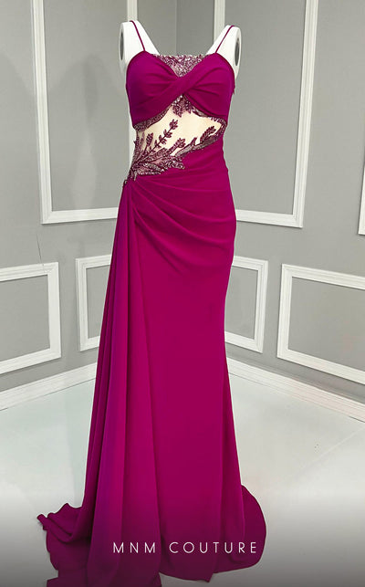 MNM Couture K4081 satin A-line dress with sequins and a cape. | Couture Shop LA