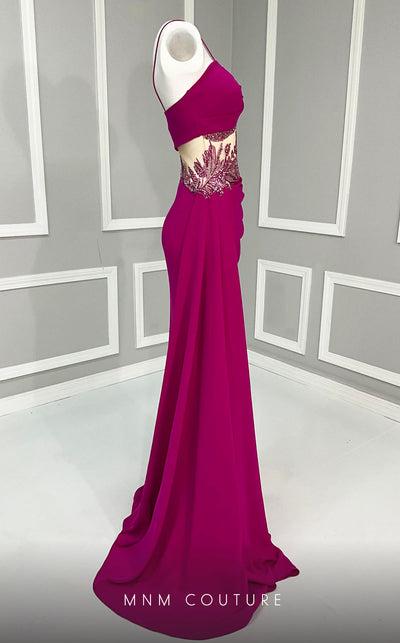 MNM Couture K4081 satin A-line dress with sequins and a cape. | Couture Shop LA