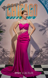 MNM Couture K4081 satin A-line dress with sequins and a cape. | Couture Shop LA