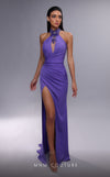 MNM Couture K4083 rayon crepe dress with halter neckline and side slit.