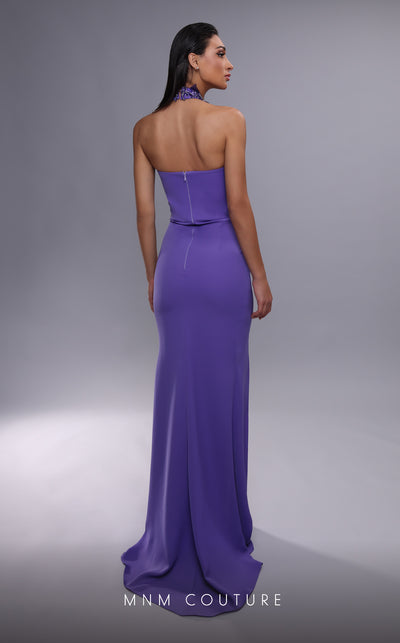 MNM Couture K4083 rayon crepe dress with halter neckline and side slit. | Couture Shop LA