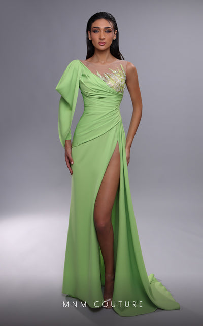 MNM Couture K4086 gown with draped puff sleeves, beading, and a high slit for a modern touch. | Couture Shop LA