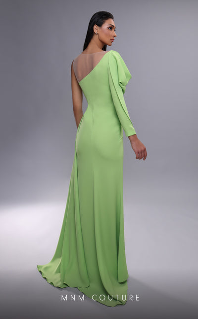 MNM Couture K4086 gown with draped puff sleeves, beading, and a high slit for a modern touch. | Couture Shop LA