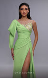 MNM Couture K4086 gown with draped puff sleeves, beading, and a high slit for a modern touch. | Couture Shop LA