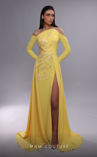MNM Couture K4089 sheath gown featuring a dramatic overskirt, beading, and high slit. | Couture Shop LA