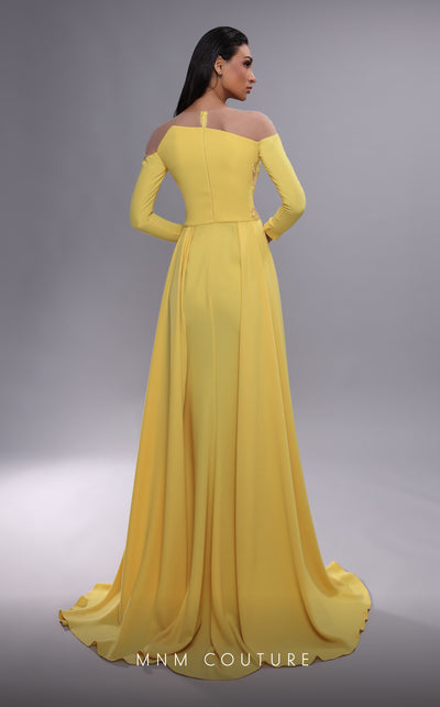 MNM Couture K4089 sheath gown featuring a dramatic overskirt, beading, and high slit. | Couture Shop LA