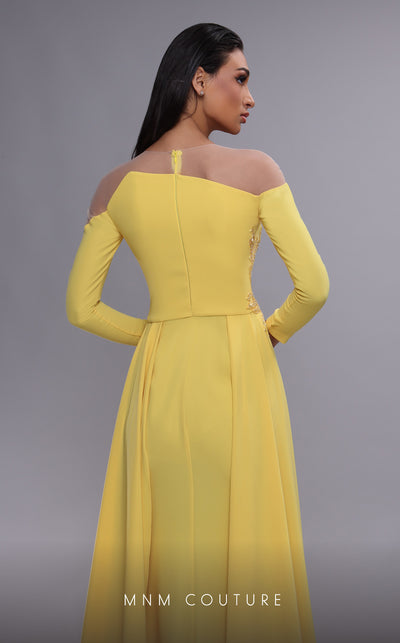 MNM Couture K4089 sheath gown featuring a dramatic overskirt, beading, and high slit. | Couture Shop LA