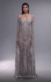 MNM Couture K4090 sheath gown with cascading beaded sleeves, U-plunge neckline, and illusion inset. | Couture Shop LA