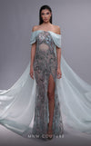 MNM Couture K4092 off-shoulder gown with illusion midriff, high slit, and dramatic double back panels. | Couture Shop LA