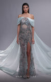 MNM Couture K4092 off-shoulder gown with illusion midriff, high slit, and dramatic double back panels.