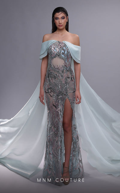 MNM Couture K4092 off-shoulder gown with illusion midriff, high slit, and dramatic double back panels. | Couture Shop LA