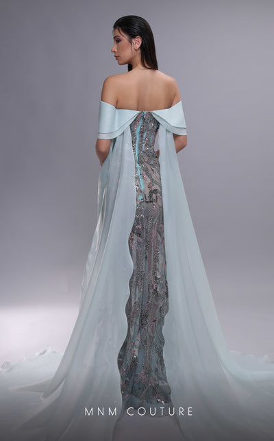 MNM Couture K4092 off-shoulder gown with illusion midriff, high slit, and dramatic double back panels. | Couture Shop LA