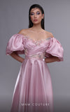 MNM Couture K4094 pink silk A-line gown with puffed sleeves and embroidered bodice | Couture Shop LA