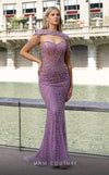 MNM Couture K4098 purple mesh semi-flared gown with sweetheart neckline and sequin detailing | Couture Shop LA