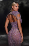 MNM Couture K4098 purple mesh semi-flared gown with sweetheart neckline and sequin detailing | Couture Shop LA